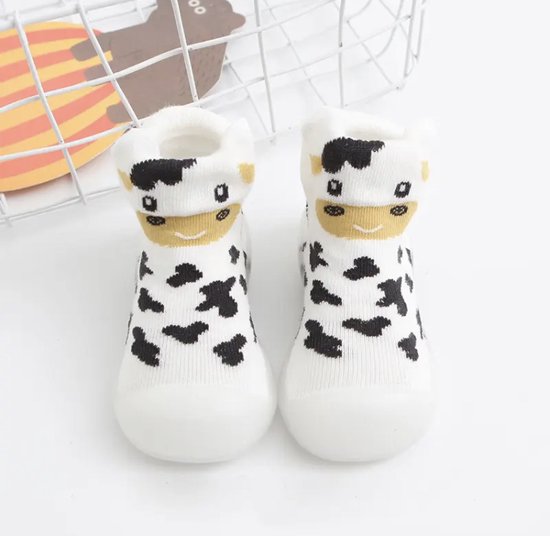 Anti-slip schoentjes , Sok sloffen van Baby-Slofje - Wit koe