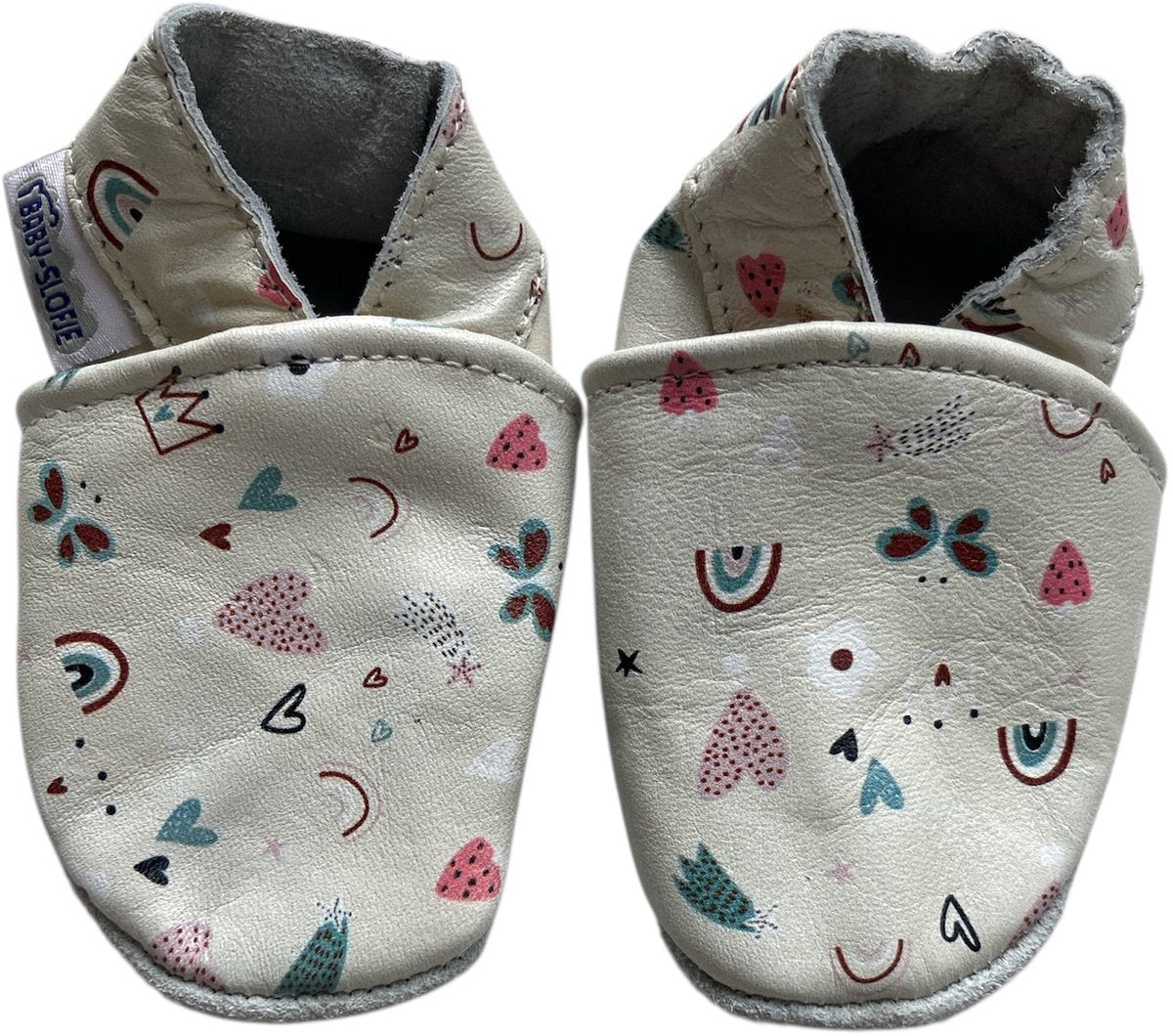 Vrolijk bedrukte leren babyslofjes van Baby-Slofje