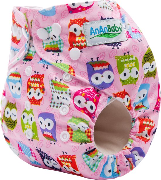 Wasbare luier met inlegger - roze uil