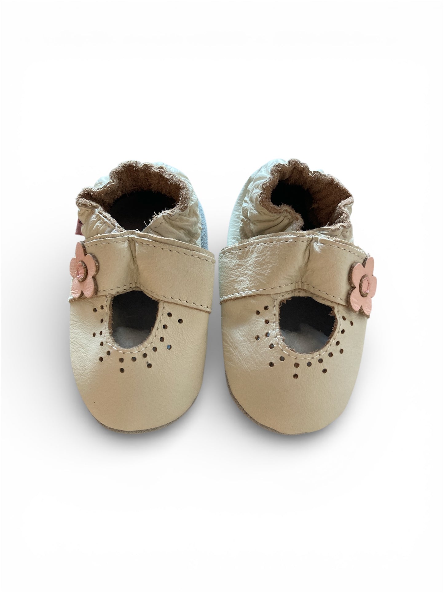 Cremekleurige leren meisjes babyslofjes