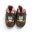 Bruine leren babyslofjes met uil van Koshine maat 24/25