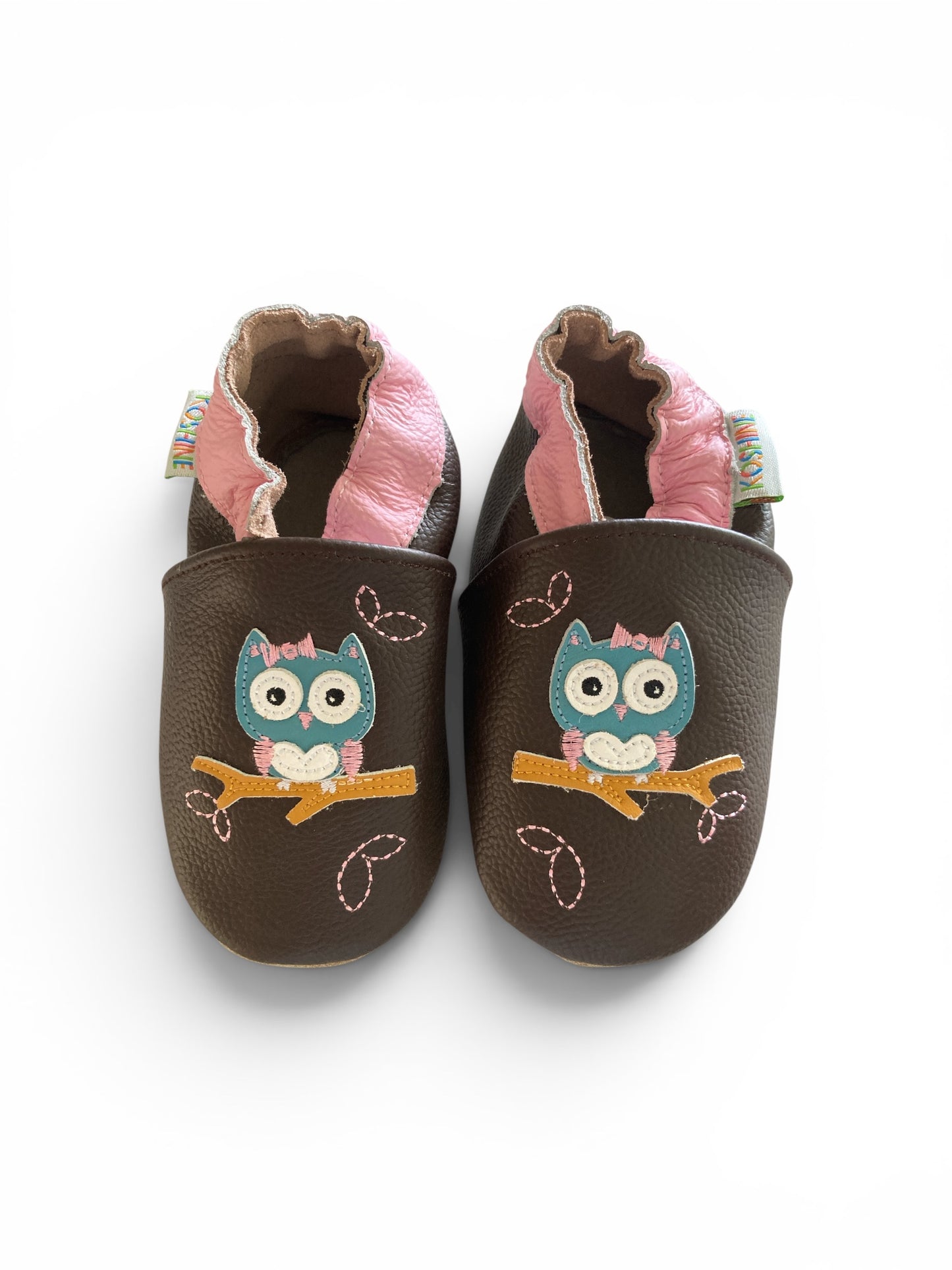 Bruine leren babyslofjes met uil van Koshine maat 24/25