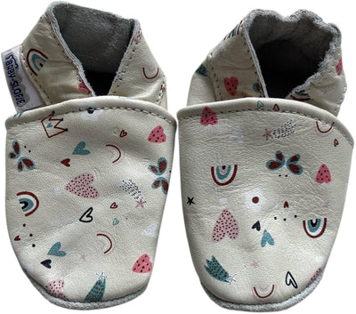 Vrolijk bedrukte leren babyslofjes van Baby-Slofje