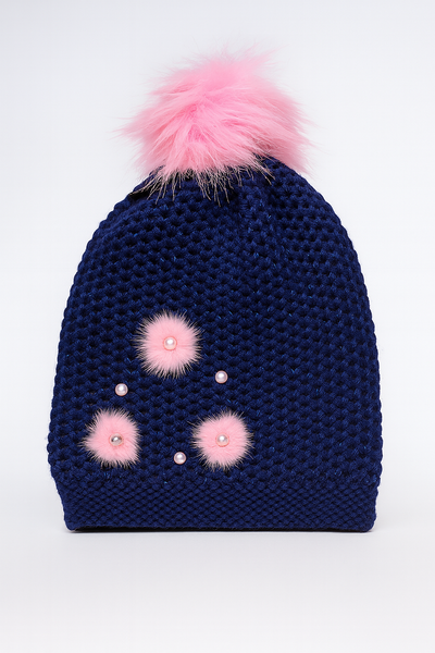 Warme winterse muts voor meisjes - donkerblauw met roze pompom