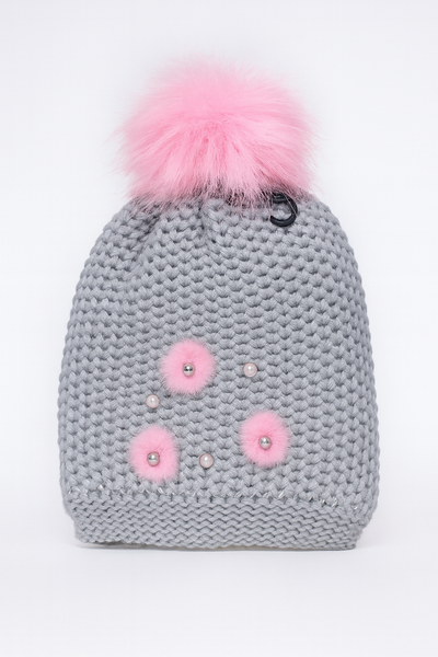 Warme winterse muts voor meisjes - grijs met roze pompom