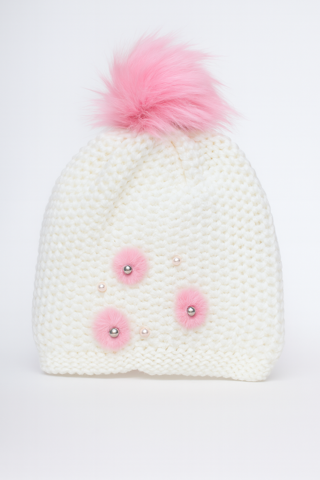 Warme winterse muts voor meisjes - wit met roze pompom