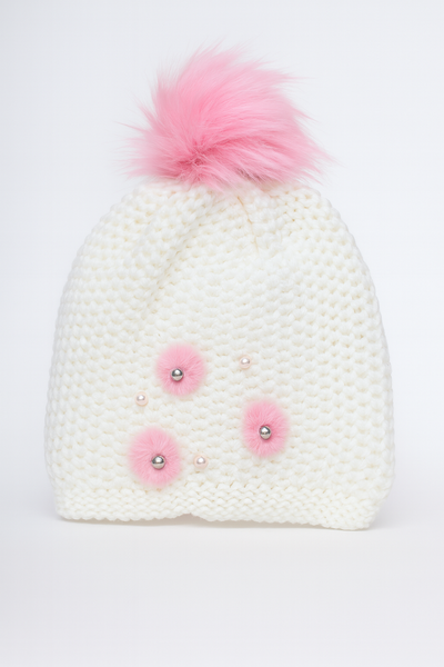 Warme winterse muts voor meisjes - wit met roze pompom